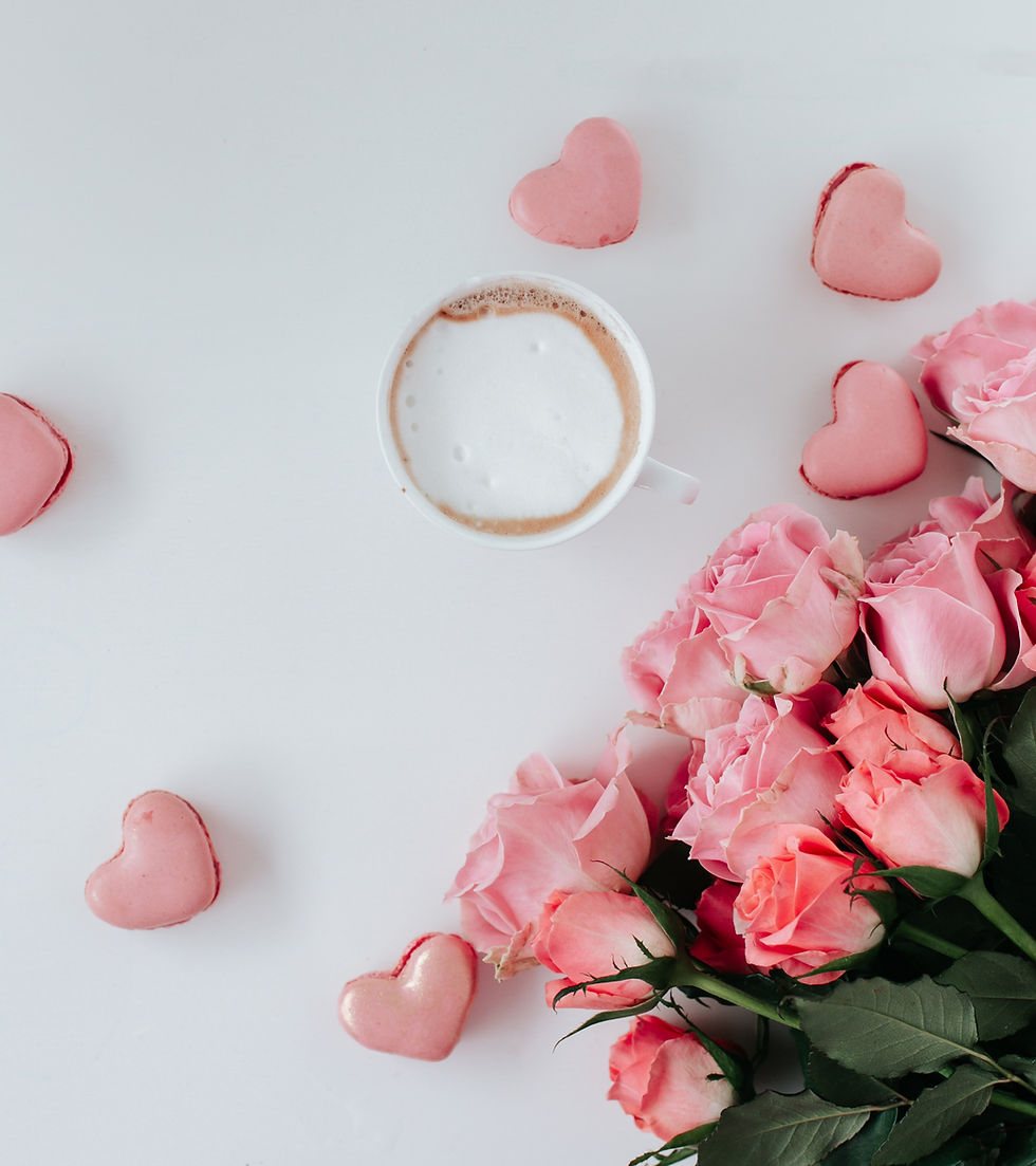 Coffee, pink roses and pink love hearts