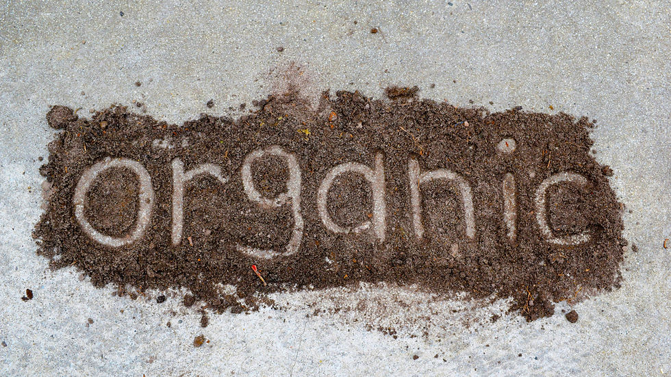 Organic spelled in dirt on a gray concrete surface, with the word partially smeared in earthy brown.