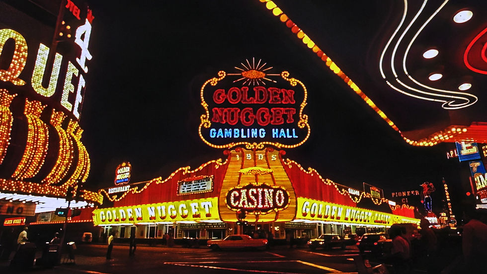 A look back in time as the vintage neon of the Golden Nugget reflects off of Fremont Street in old Vegas.