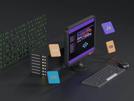 3D illustration of web development process showing a computer screen with coding interface, keyboard, mouse, and programming language icons like HTML, CSS, JavaScript, and PHP.