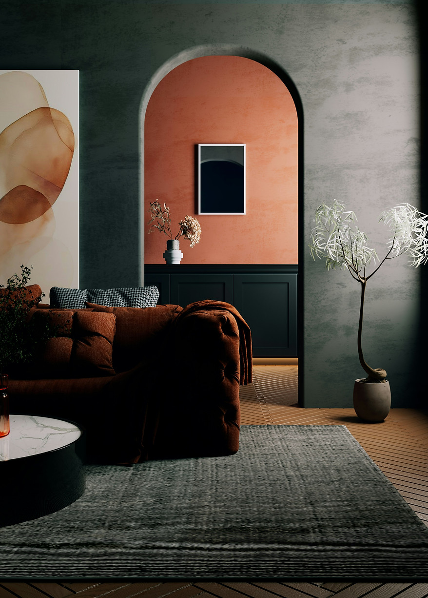 A modern interior with terracotta and gray tones, featuring a brown sofa, arched doorway, and minimalist decor representing calm structure and balance.