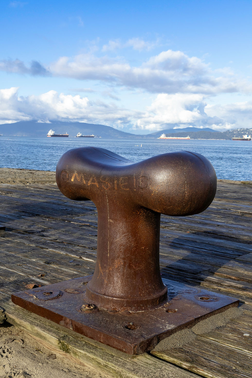 Rusty bollard on the dock foregrounds a bay with ships and distant hills.