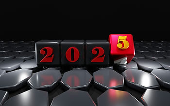 Graphic showing the year 2025 with metallic black and red number blocks, symbolizing the transition into a new year and upcoming wedding and event trends.