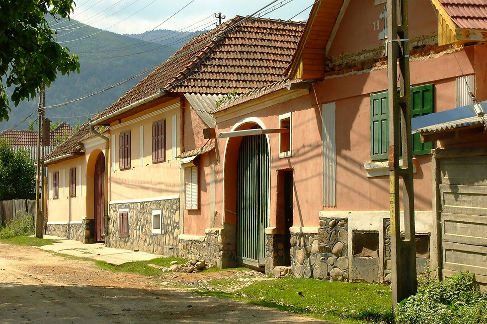 A charming street view in a remote italian town, featuring traditional houses with ochre walls and stone foundations under a clear blue sky, set against a backdrop of lush green hills.
