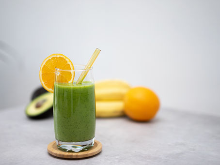 picture of foods that people think of as "eating right"- fruit, juice, etc.