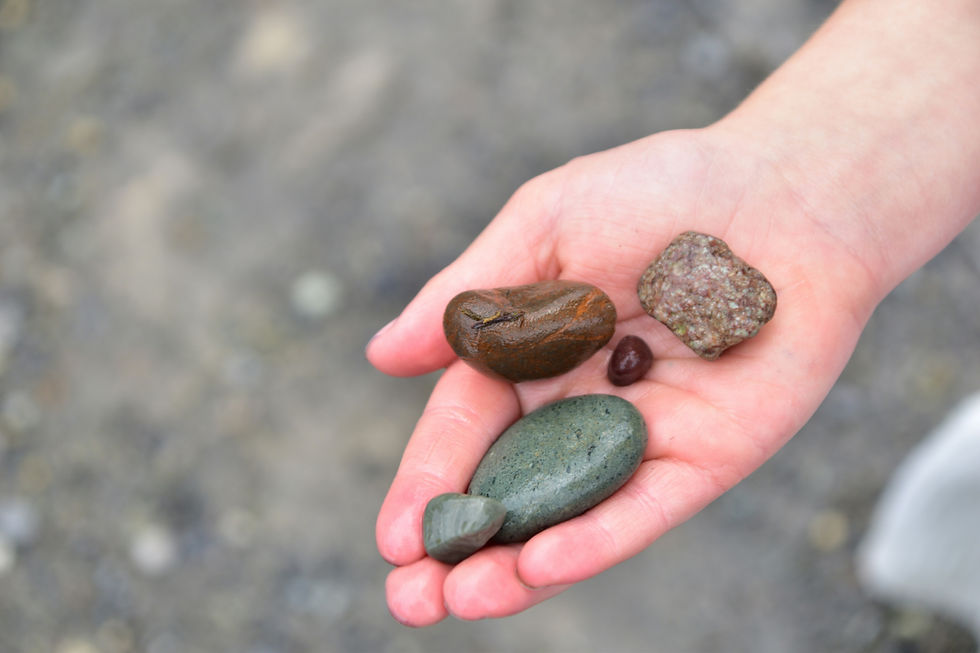 A hand holds five smooth, colorful stones of varying shapes. The blurred gray background suggests an outdoor setting.