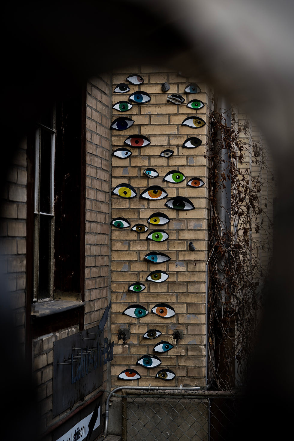 Image of a brink wall with pictures of different colour eyes pasted to the wall.