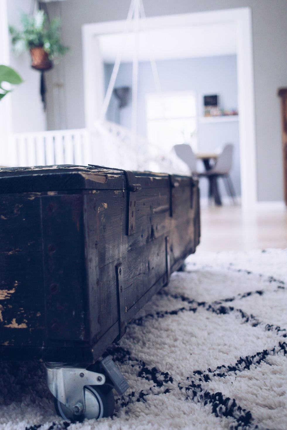Vintage wooden trunk on wheels in a cozy room with a patterned rug, hanging plant, and blurred dining area in the background.