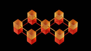 Glowing orange and red cubes connected in a geometric pattern on a black background, forming a network-like structure. representing agents forming operating systems.