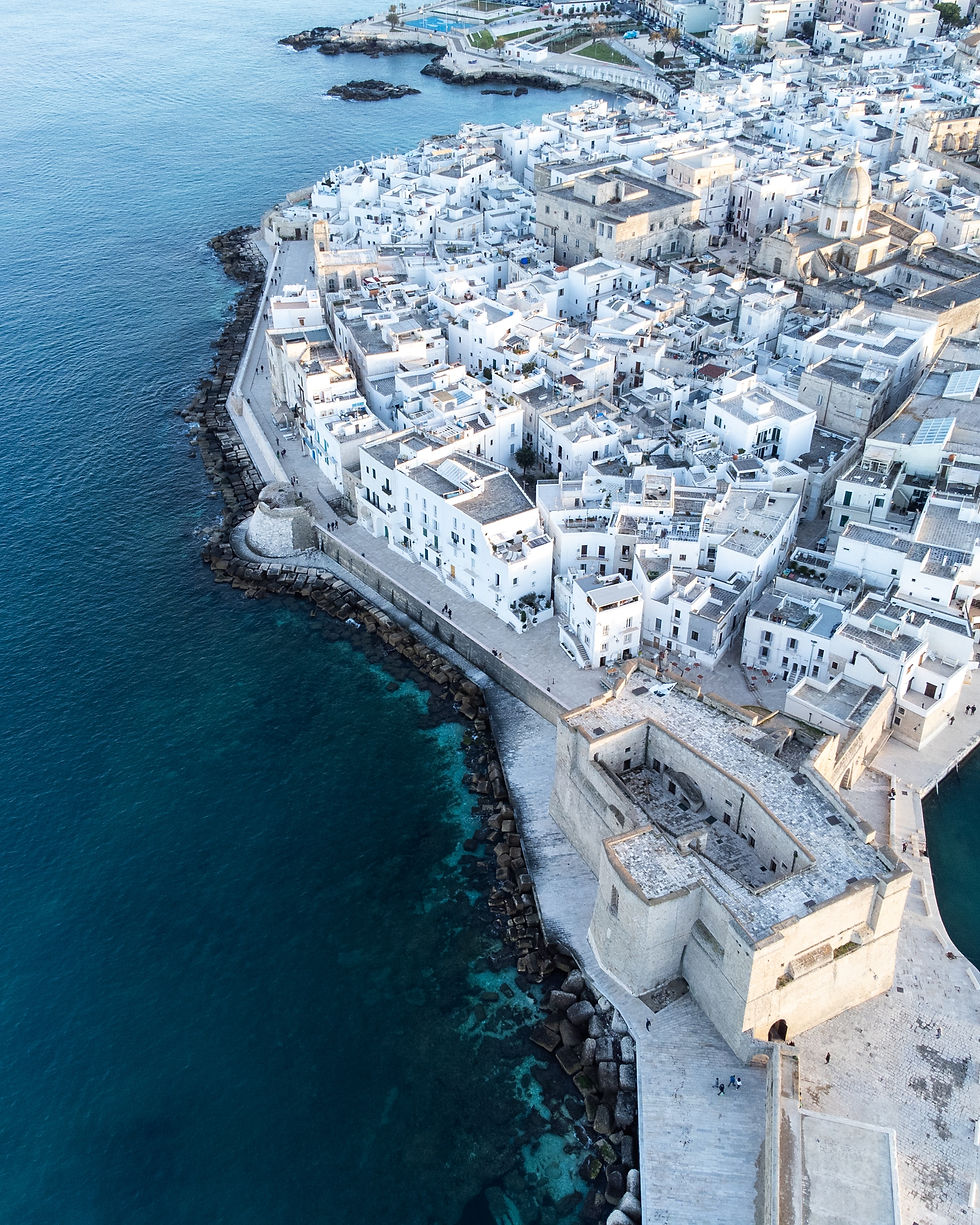 Aerial view of a coastal town with white buildings, a historic fortress, and clear blue sea. People walk along the stone path by the water.