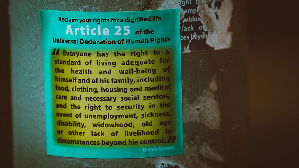 In this photo, Article 25 of the Universal Declaration of Human Rights instrument presents black text in a yellow square backdrop in a larger green square. It states "Reclaim your rights for a dignified life: Article 25 of the Universal Declaration of Human Rights.