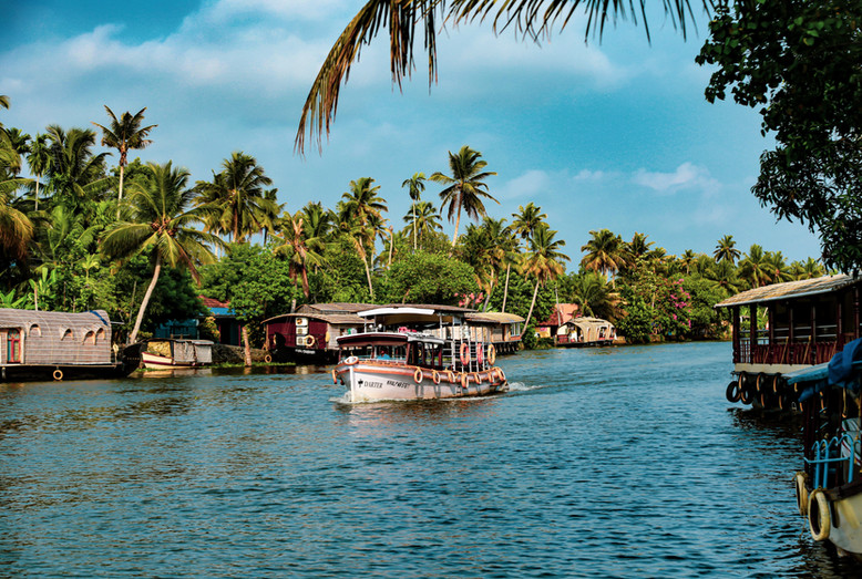 Houseboat nei backwaters del Kerala su canale con palme e villaggi, India