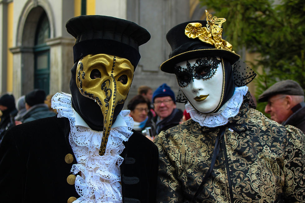 Amidst the vibrant masquerade, two elegantly masked figures embody the theme of outward appearances and social facades.