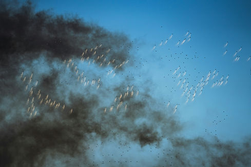 Dark smoke and sparkling fireworks streak across a blue sky, creating a dramatic, chaotic scene