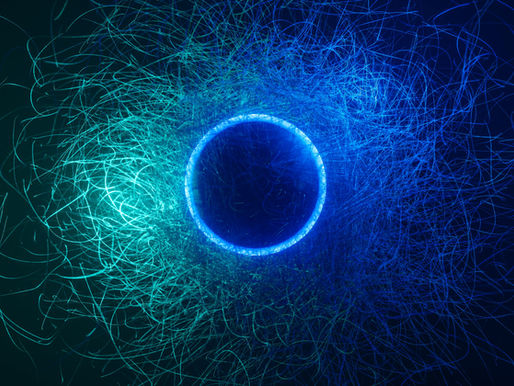 Abstract image of a glowing blue circle surrounded by tangled, wispy lines on a dark background. The mood is mysterious and dynamic.