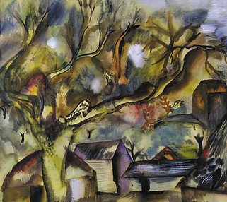 abstract painting of tree and homes