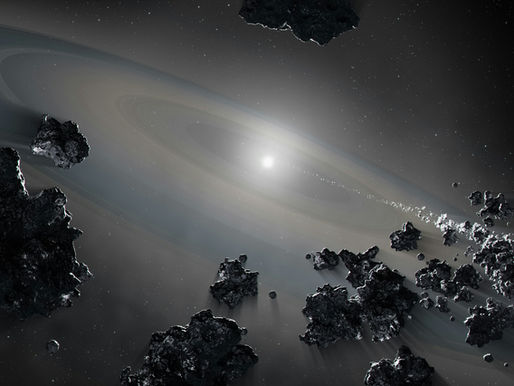 A distant star surrounded by rings of dust and floating space rocks, showing how matter gathers and moves in deep space