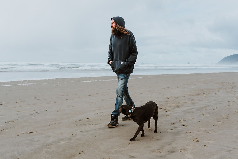 Man in a hoodie walks with a dog on a sandy beach. Overcast sky and ocean waves in the background. Calm and serene mood.