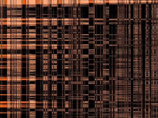 Abstract orange-and-black glitch pattern of dense vertical and horizontal lines, with no clear subject or text visible.