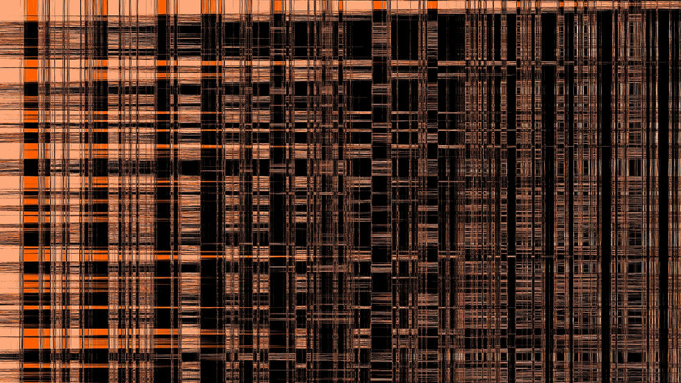 Abstract orange-and-black glitch pattern of dense vertical and horizontal lines, with no clear subject or text visible.