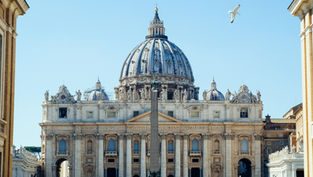 St. Peter’s Basilica in Rome framed by buildings, with a seagull flying overhead and Latin inscription on the facade.