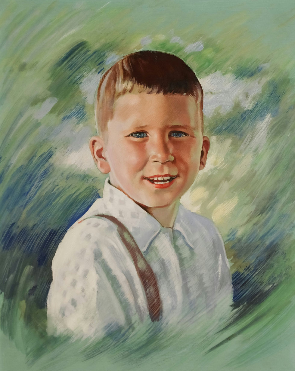 Smiling young boy in a white shirt with suspenders, painted against a soft green blurred background.