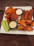 3 wings, 3 mozzarella sticks, 3 chicken fingers. Ranch, Honey Mustard, Marinara, celery