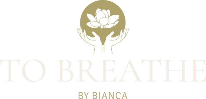 Business name TO BREATHE, By Bianca in cream and gold, with image of hands holding flower