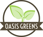 Oasis Greens Logo, Brown circle with green leaves and white writing