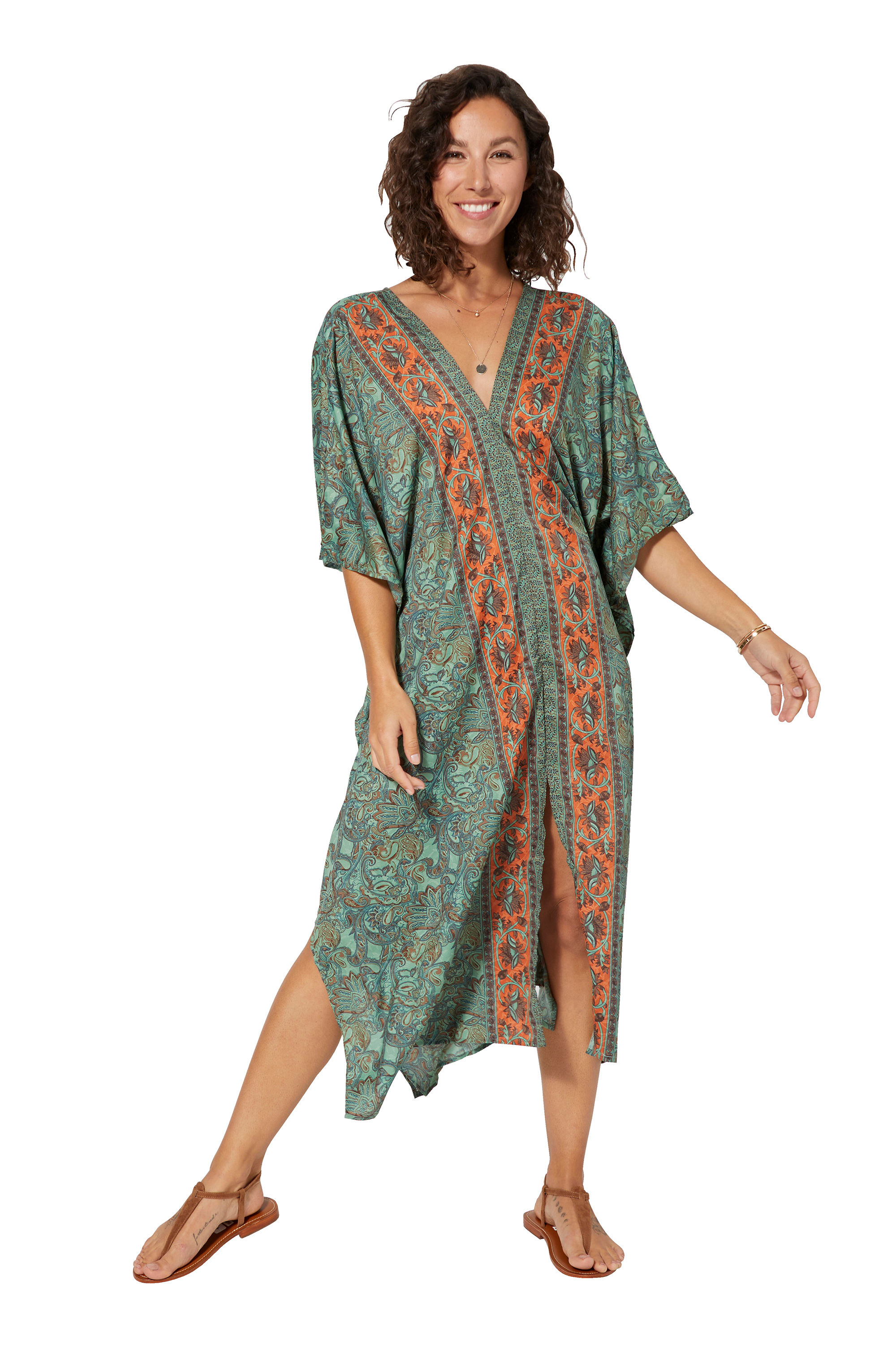 Green Brown Orange Women Kaftan