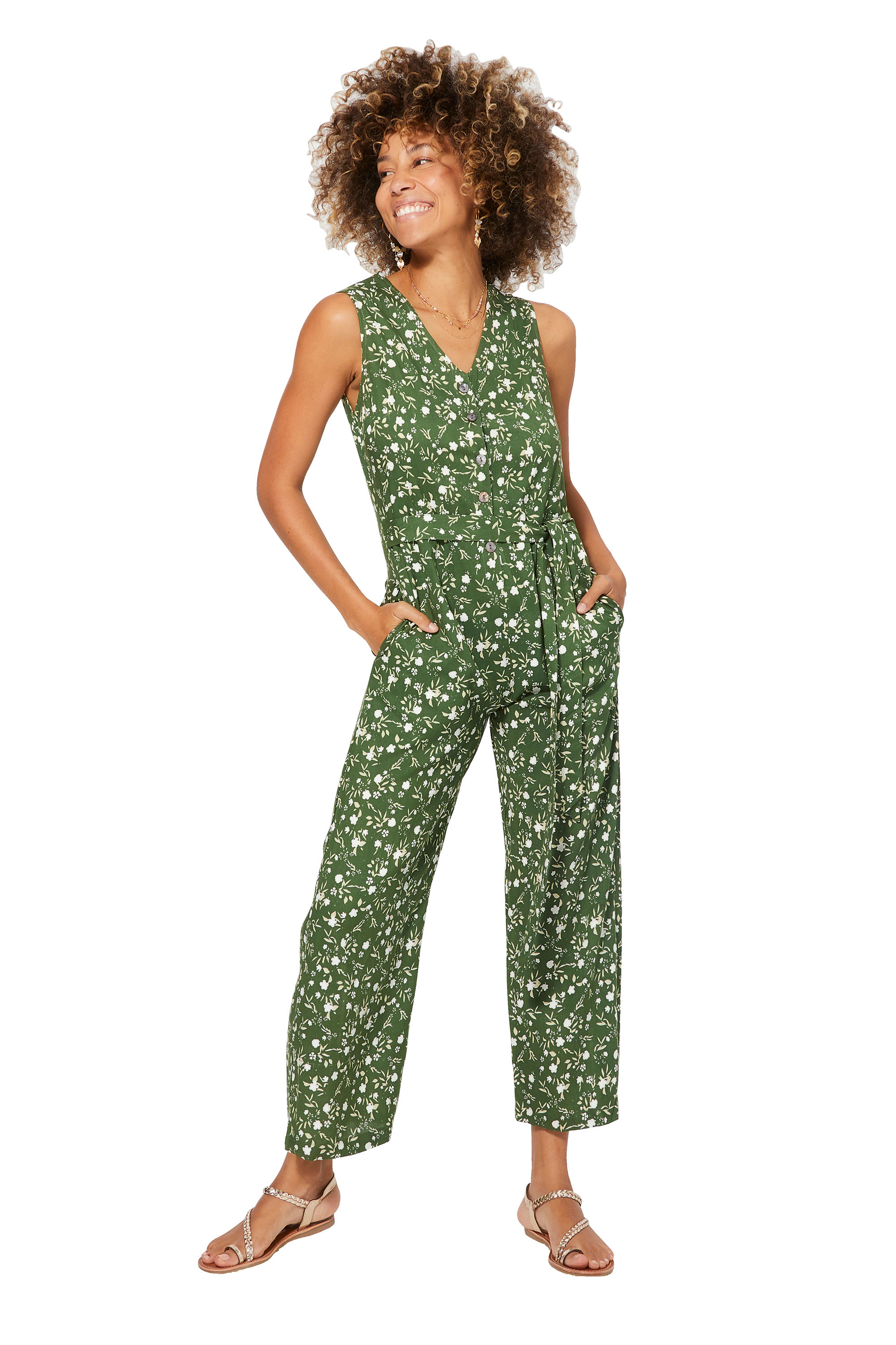 Green Beige White Women Jumpsuit