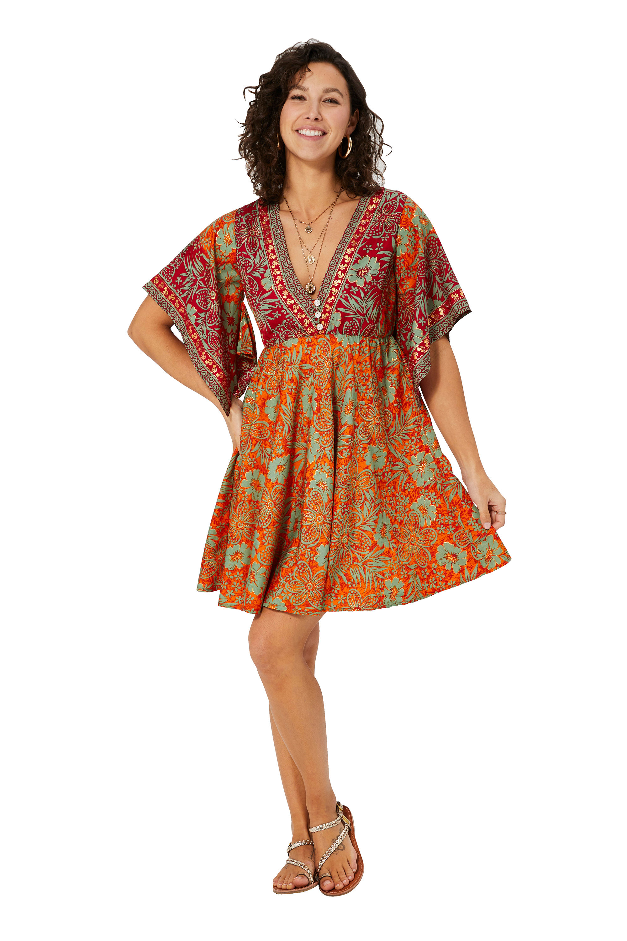 Naranja Borgoña Verde Oro Vestido de Mujer