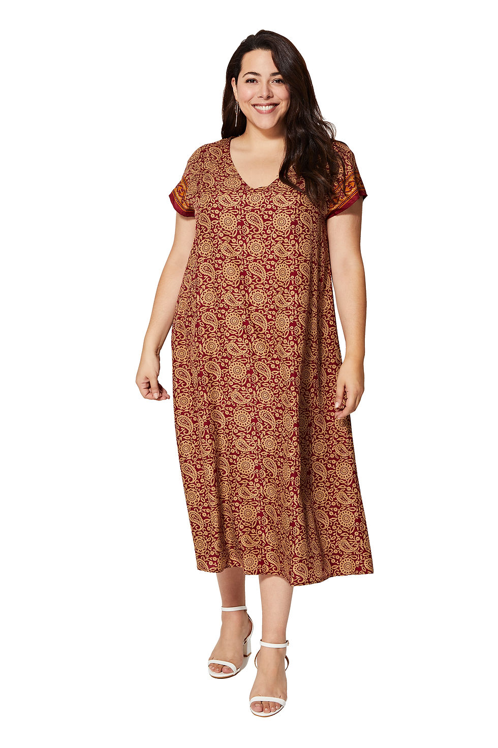 Burgundy Beige Mujeres Talla Grande Vestido