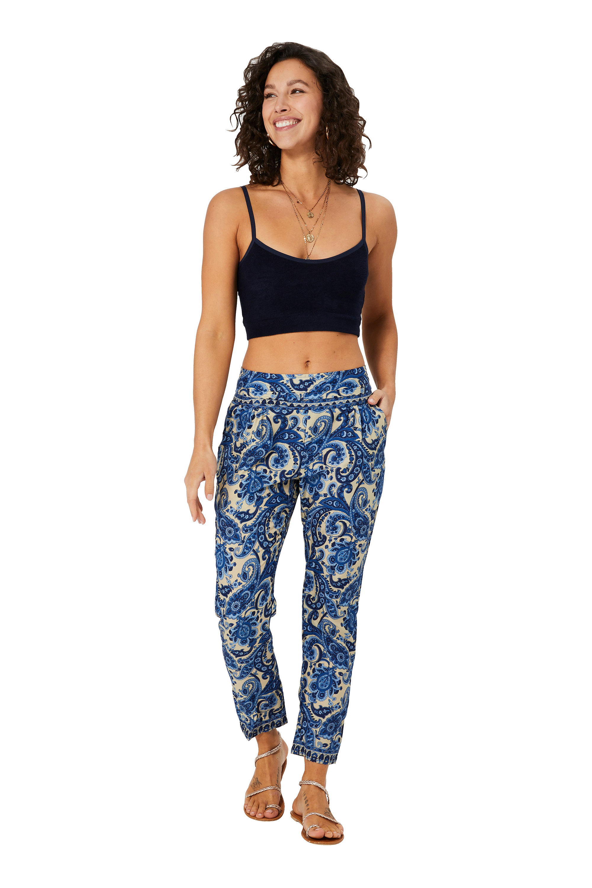 Beige Navy Blue Women Trousers