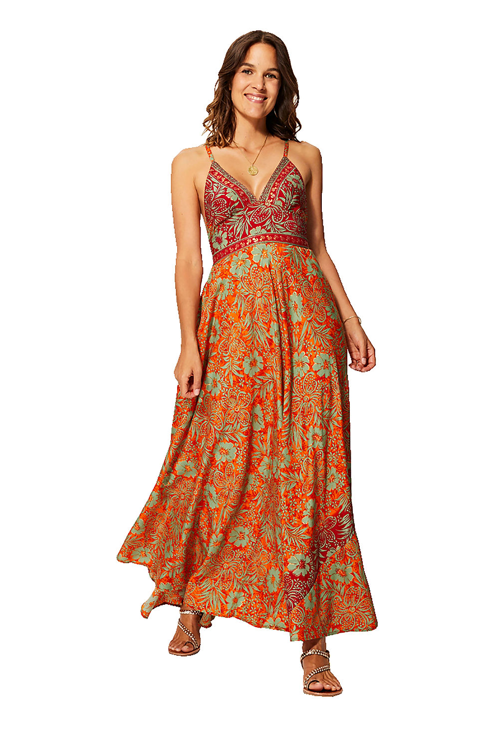 Naranja Borgoña Verde Oro Vestido de Mujer