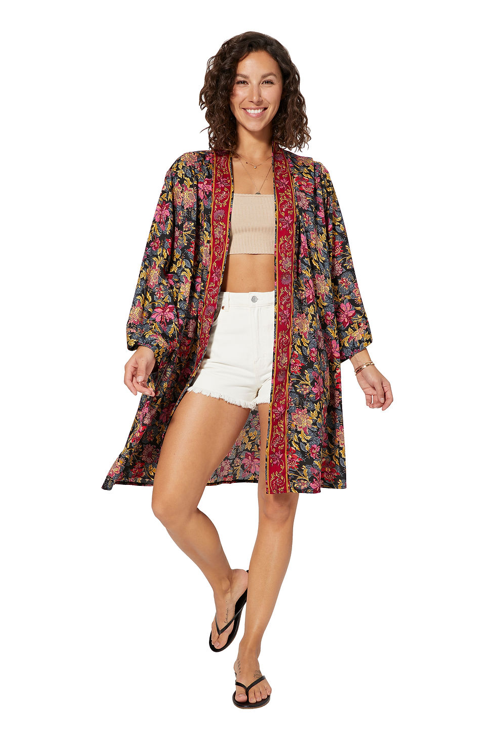 Black Pink Beige Mujeres Kimono
