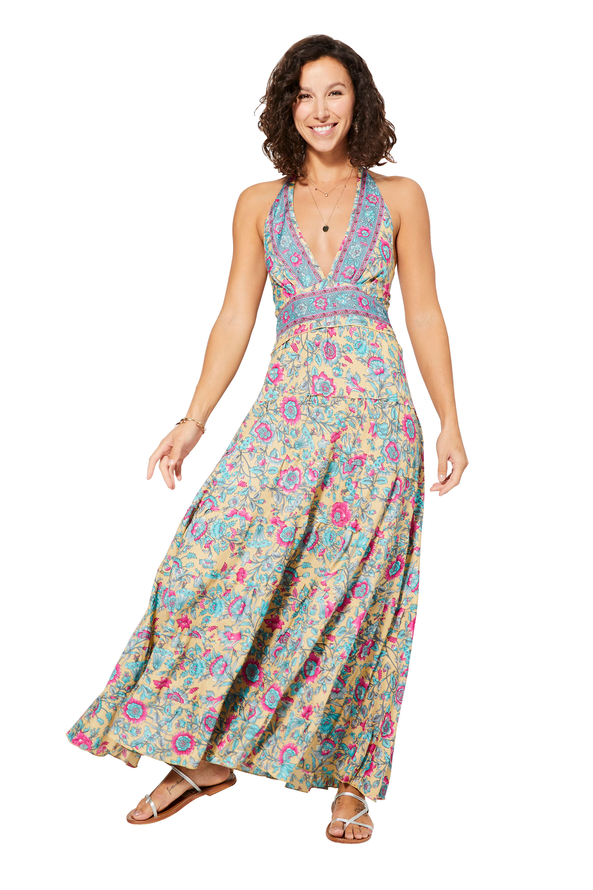 Beige Pink Turquoise Women Dress