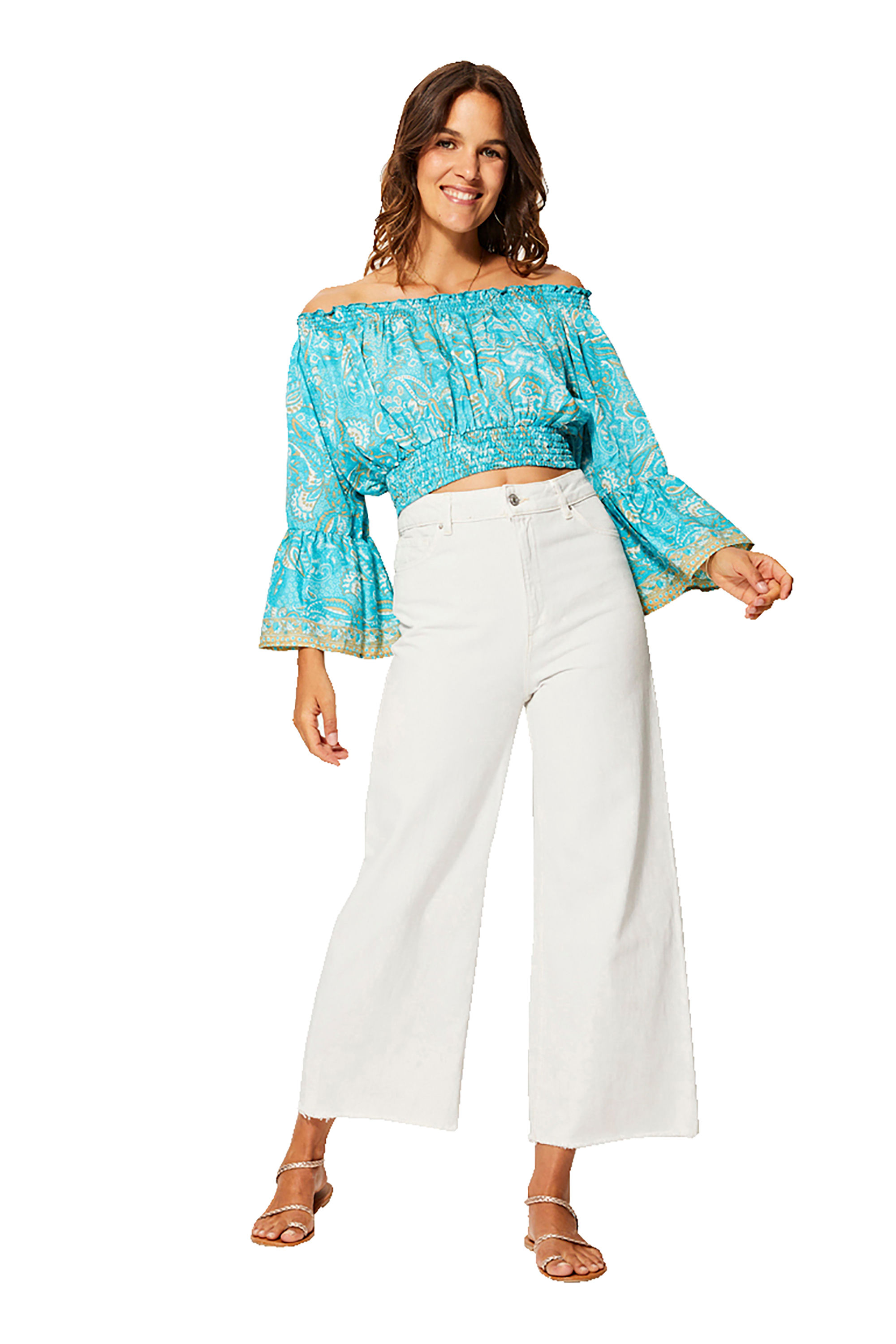 Turquoise Cream Beige Women Top