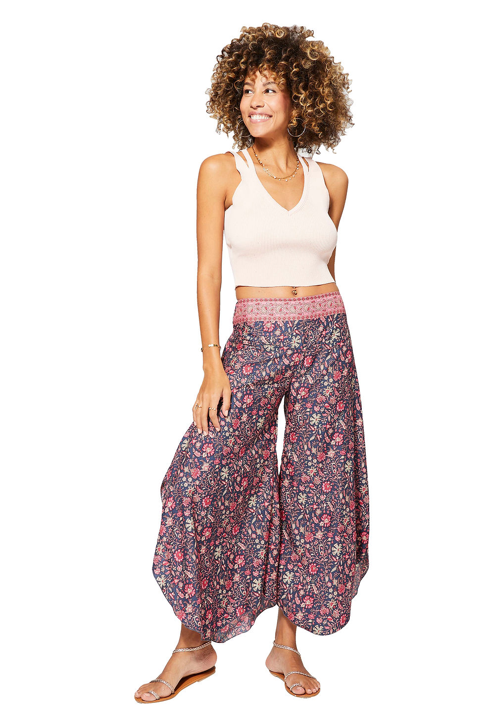 Thumbnail: Navy Blue Pink Cream Women Trousers